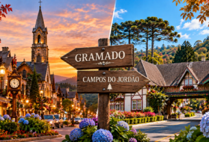 Gramado ou Campos do Jordão representados em uma comparação com paisagens, arquitetura e flores das duas cidades