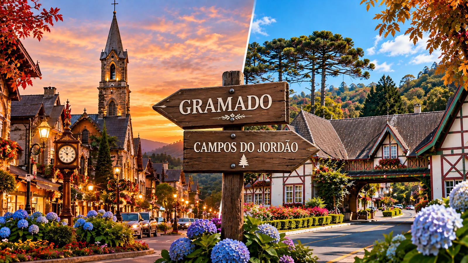 Gramado ou Campos do Jordão representados em uma comparação com paisagens, arquitetura e flores das duas cidades