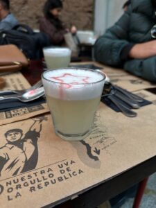 Taça de Pisco Sour servida em um restaurante no Bairro Lastarria, um dos bairros mais charmosos de Santiago.