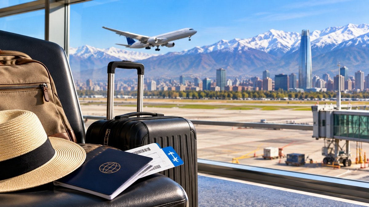 Passagem aérea promocional para Santiago com avião, malas e Cordilheira dos Andes ao fundo