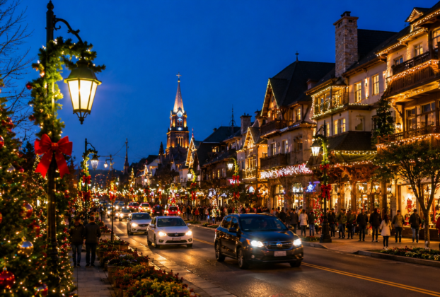 Natal Luz em Gramado à noite com árvore de Natal iluminada e famílias passeando, cenário para viagem com criança autista