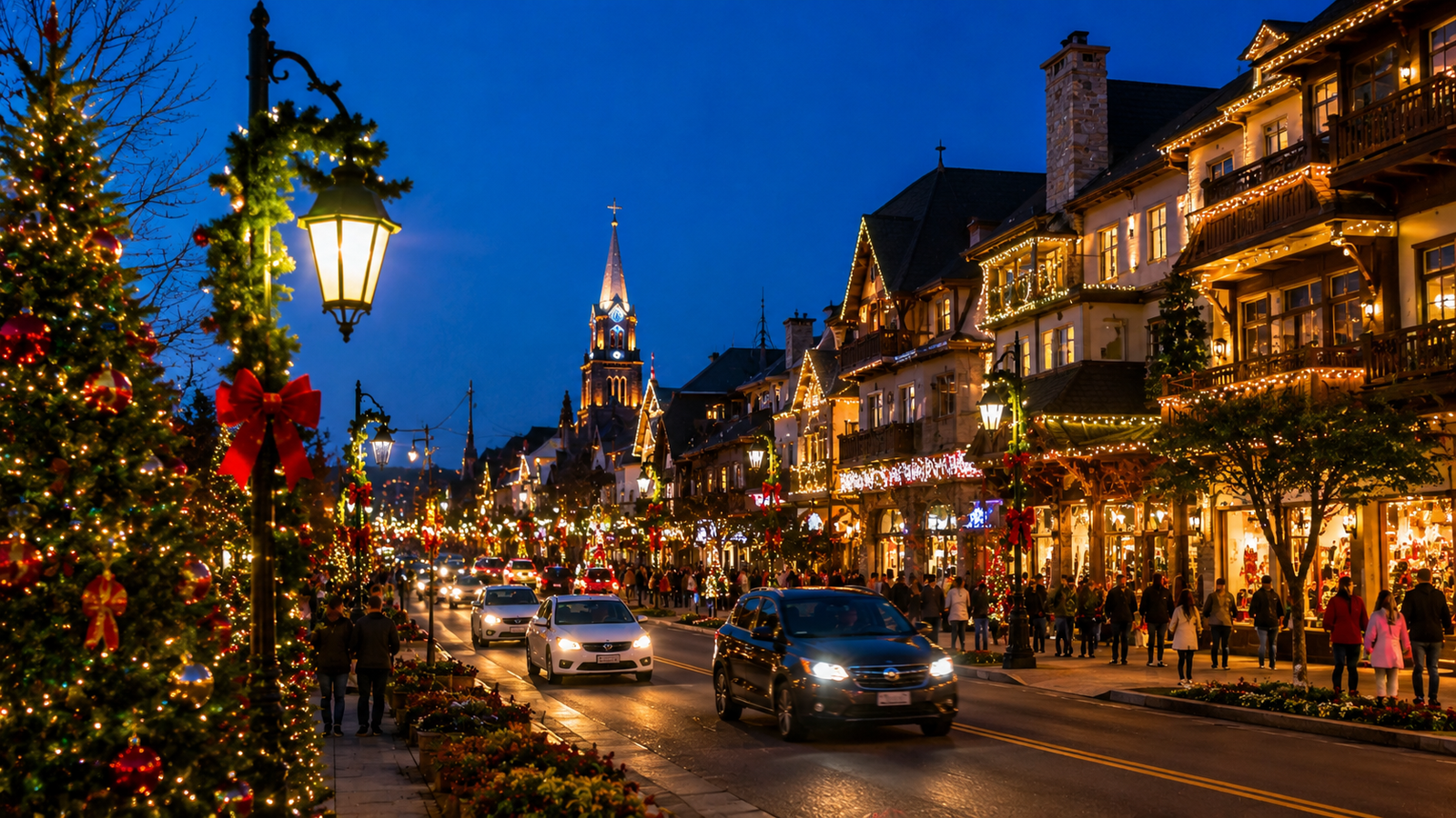 Natal Luz em Gramado à noite com árvore de Natal iluminada e famílias passeando, cenário para viagem com criança autista