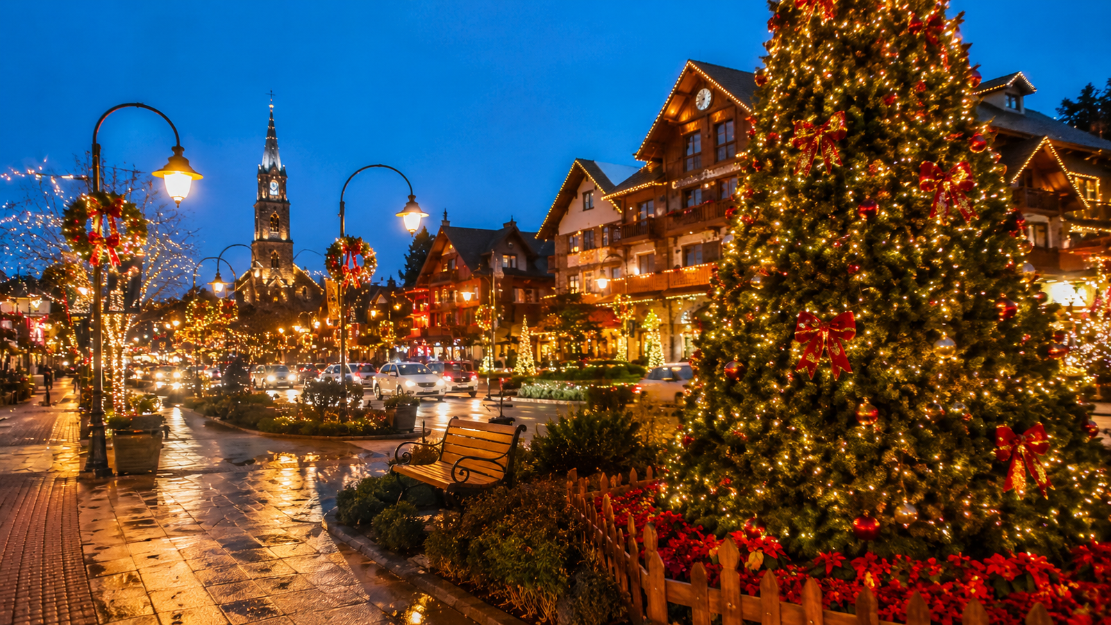 Gramado no Natal com decoração natalina e árvore iluminada