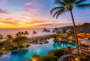 Resort no Brasil com piscina e vista para o mar ao pôr do sol