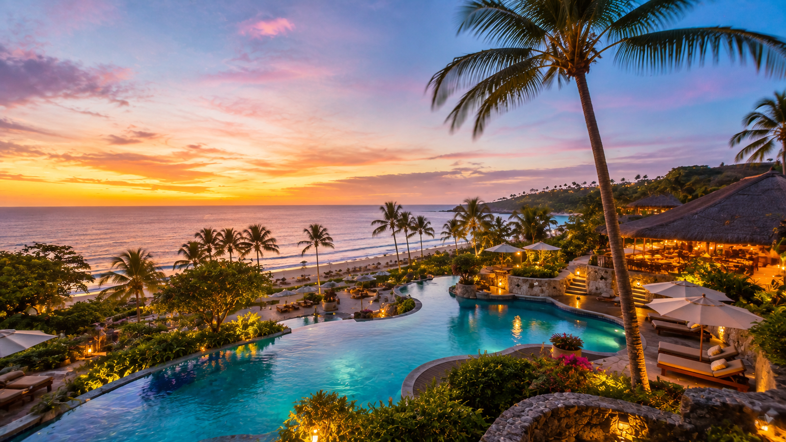 Resort no Brasil com piscina e vista para o mar ao pôr do sol