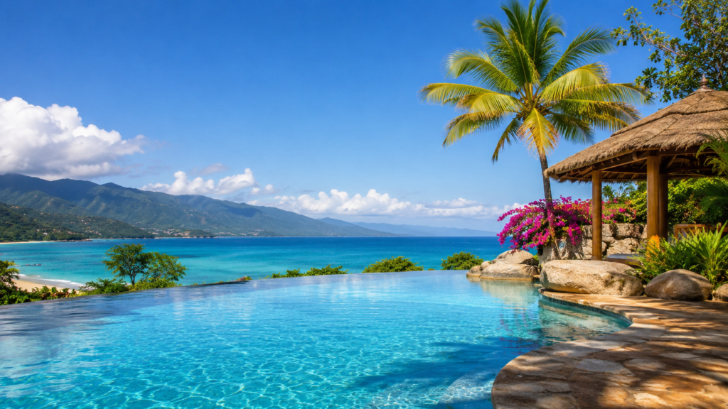 Resort no Brasil com piscina de frente para o mar e montanhas