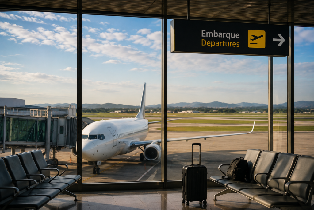 Voo low cost: como economizar na passagem aérea 2 Voo low cost no aeroporto com avião no portão de embarque