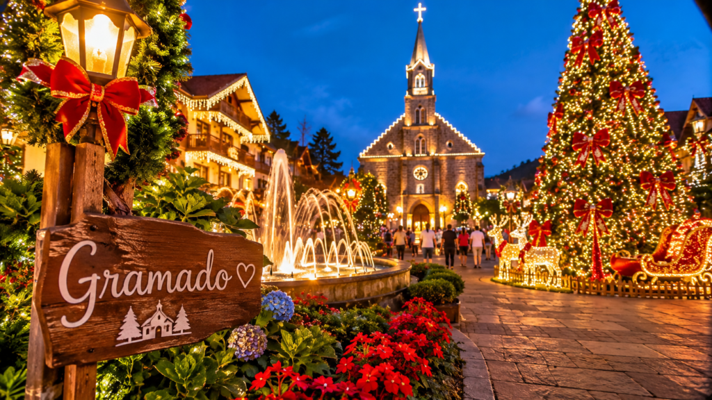 Gramado decorado para o Natal com árvore iluminada e soldadinho de chumbo