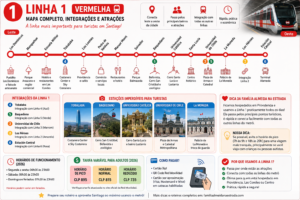 Infográfico da Linha 1 do Metrô de Santiago mostrando todas as estações, integrações com outras linhas, principais atrações turísticas, horários, formas de pagamento e tarifas atualizadas de 2026.