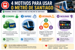 Infográfico mostrando os quatro principais motivos para usar o metrô de Santiago: economia, rapidez, integração com a Red Movilidad e facilidade para turistas. Guia atualizado de 2026 sobre transporte público em Santiago, Chile.