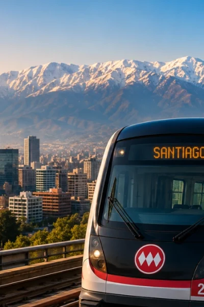 rem do Metrô de Santiago em primeiro plano com a Cordilheira dos Andes e o skyline de Santiago ao fundo. Imagem de capa do guia completo sobre como usar o metrô de Santiago em 2026.