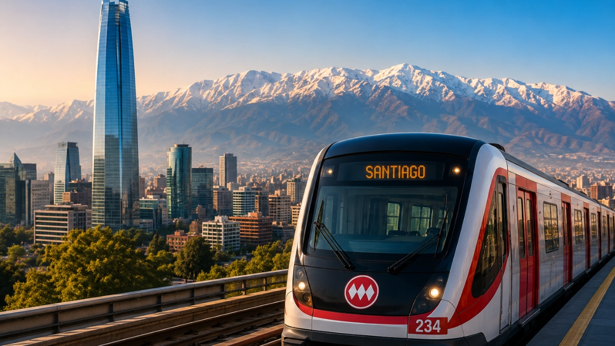 rem do Metrô de Santiago em primeiro plano com a Cordilheira dos Andes e o skyline de Santiago ao fundo. Imagem de capa do guia completo sobre como usar o metrô de Santiago em 2026.