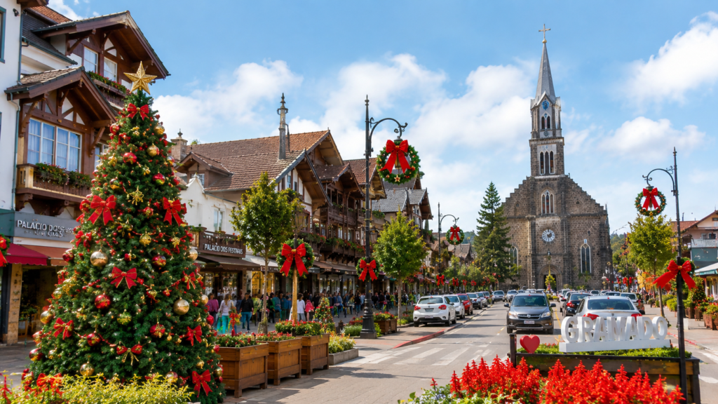 Gramado no Natal com criança autista durante o dia, com ruas decoradas e clima natalino