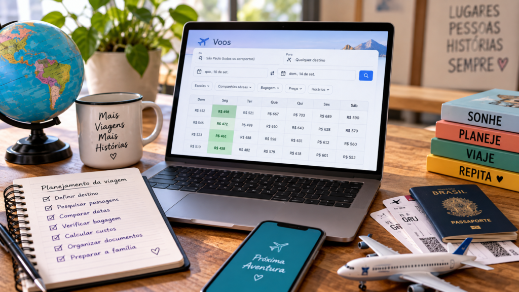 Notebook com preços e datas de voos durante o planejamento para encontrar passagem barata para viagem em família.