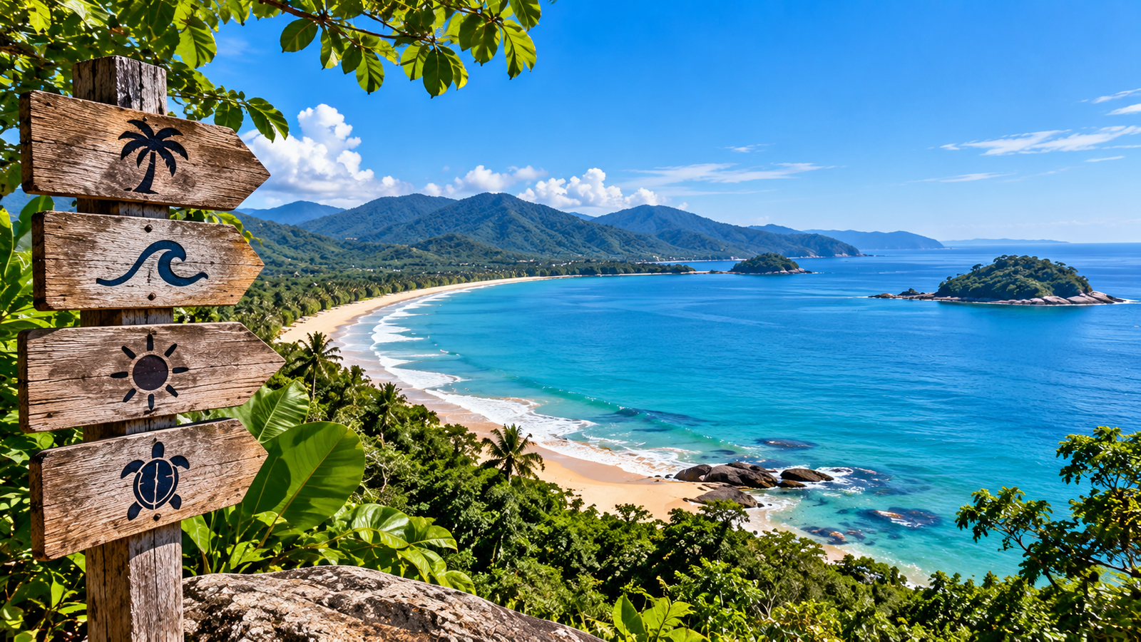 Ubatuba com crianças em uma praia cercada pela natureza