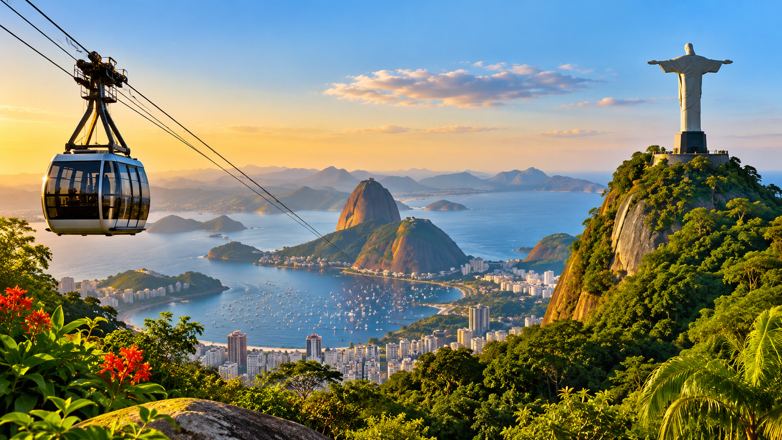Rio de Janeiro em família com vista do Pão de Açúcar, Cristo Redentor e bondinho sobre a Baía de Guanabara