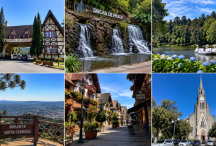 Montagem com atrações e paisagens de Campos do Jordão para conhecer de graça