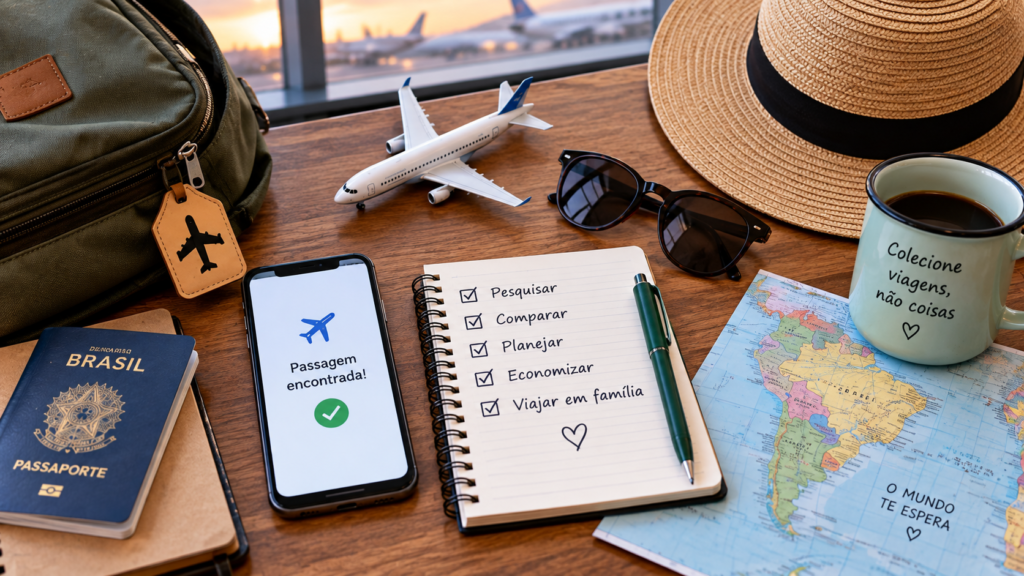 Planejamento de viagem para encontrar passagem barata, com celular, mapa, passaporte, avião em miniatura e checklist de economia.