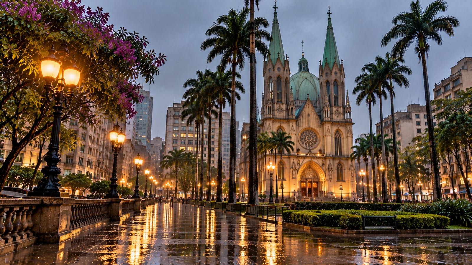 São Paulo com crianças na chuva diante da Catedral da Sé