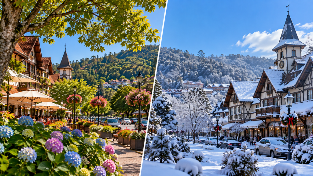 Campos do Jordão no verão e no inverno mostrando diferentes paisagens