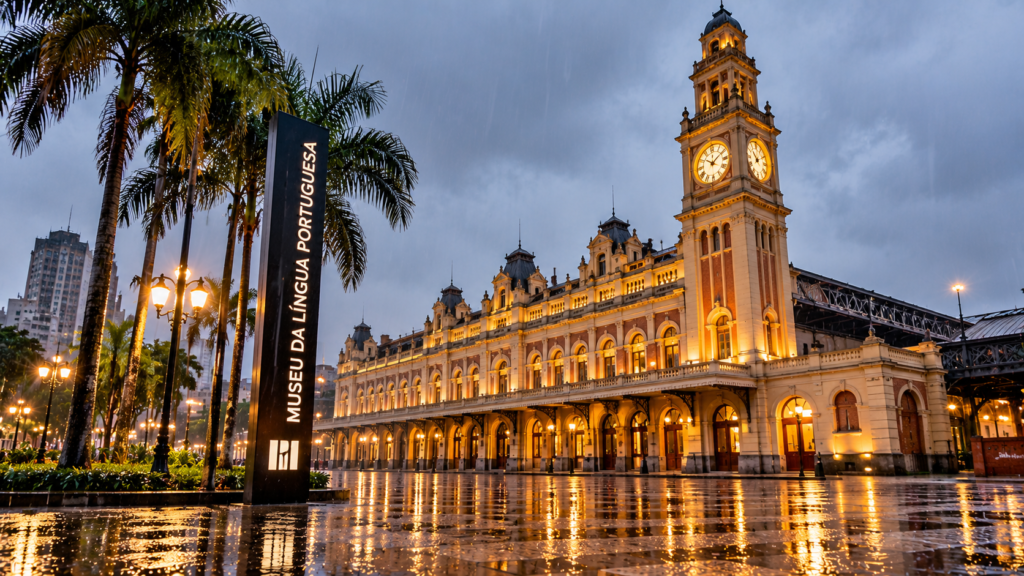 São Paulo com crianças na chuva no Museu da Língua Portuguesa