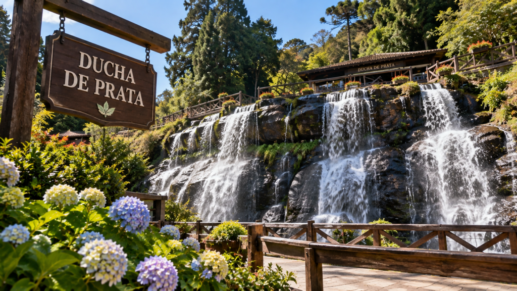 Ducha de Prata em Campos do Jordão cercada por flores e vegetação