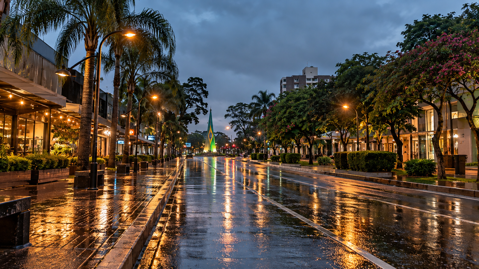 O que fazer em Foz do Iguaçu com chuva: dicas 1 O que fazer em Foz do Iguaçu com chuva: rua molhada e iluminada