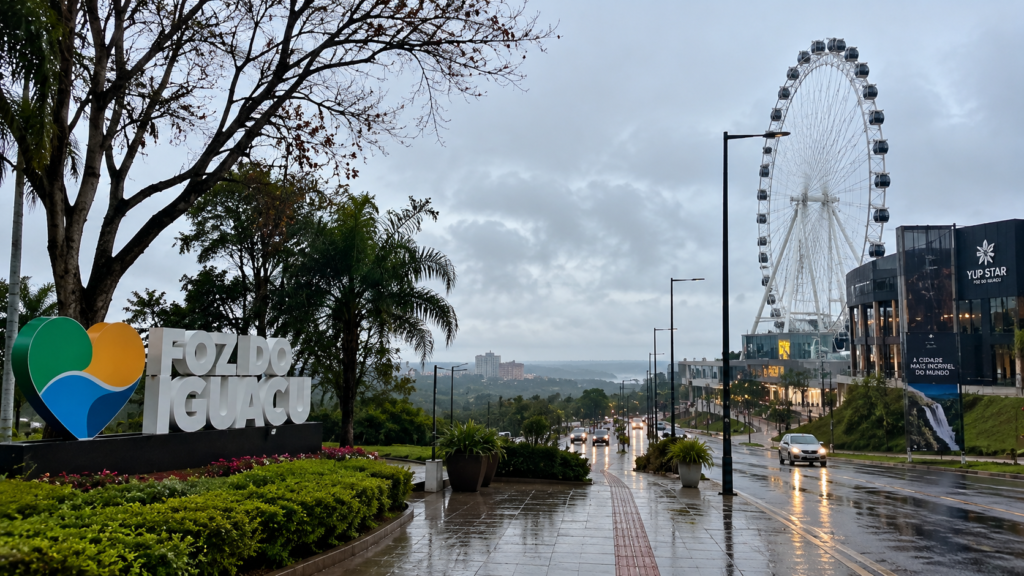 Foz do Iguaçu no inverno em dia nublado, com rua molhada, árvores e roda-gigante