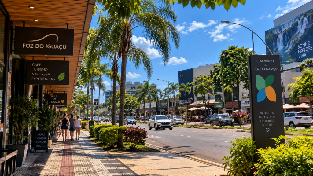 Foz do Iguaçu no verão em um dia ensolarado, com avenida arborizada e palmeiras