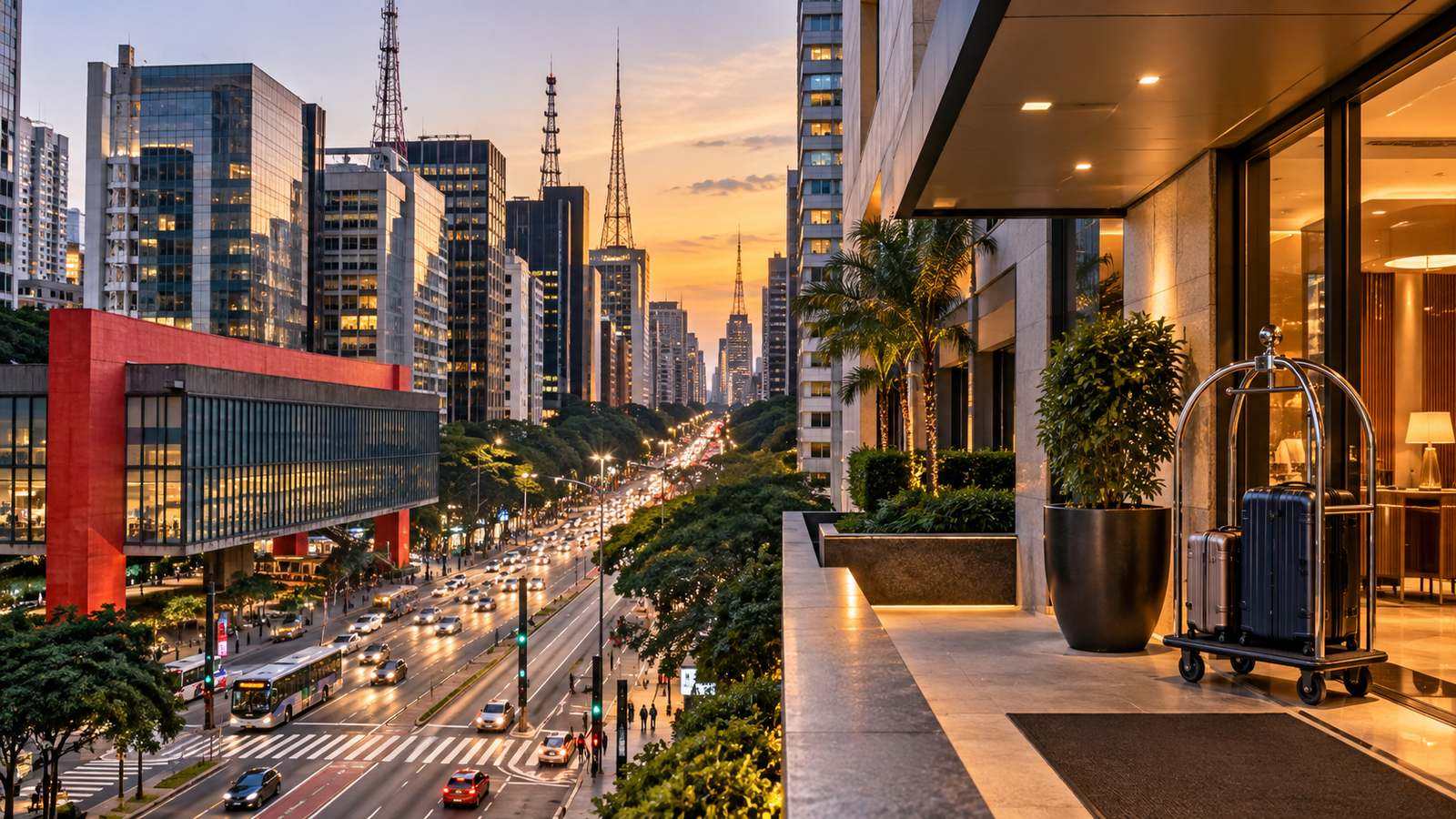 Avenida Paulista em São Paulo ao entardecer com hotéis e opções de hospedagem para famílias com crianças