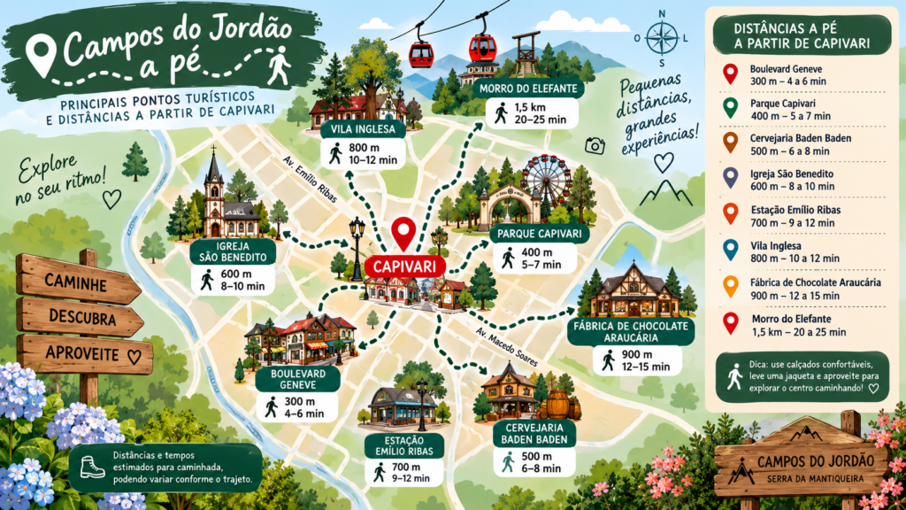 Mapa de Campos do Jordão sem carro com atrações turísticas e distâncias a pé a partir de Capivari