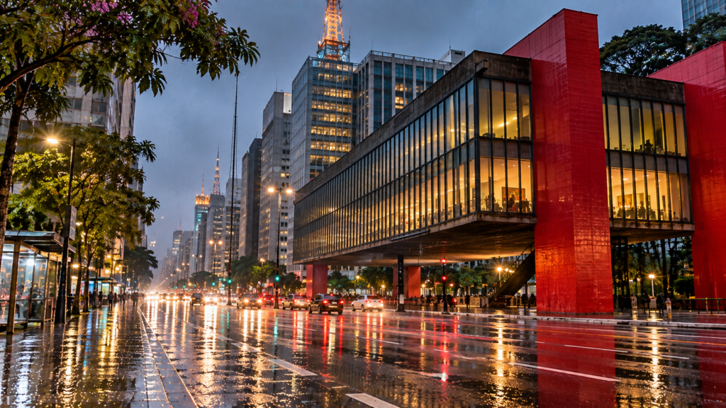 São Paulo com crianças na chuva na Avenida Paulista e MASP