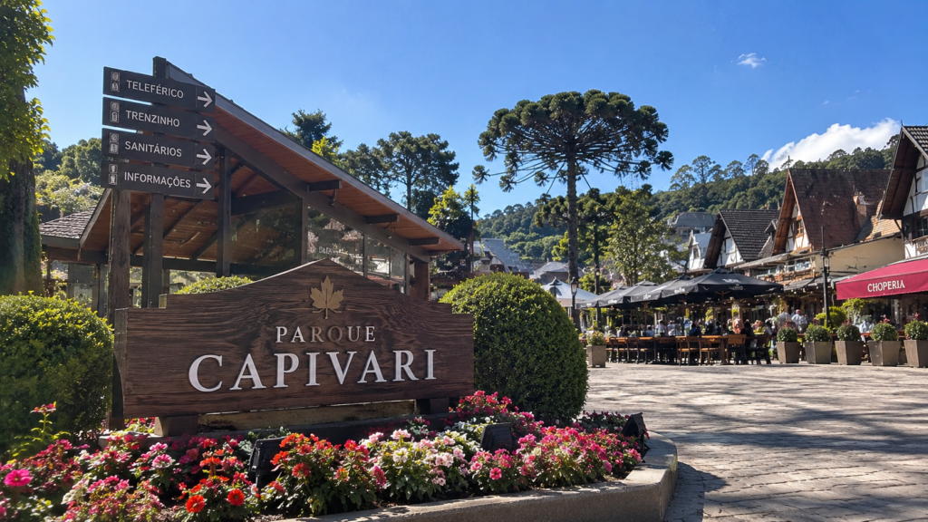 Parque Capivari em Campos do Jordão no verão com flores, chalés e céu azul