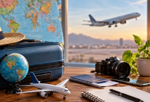 Mesa de planejamento de viagem com mala, globo, avião em miniatura, passaporte e câmera, com avião ao fundo, representando como encontrar passagem barata para viajar em família.