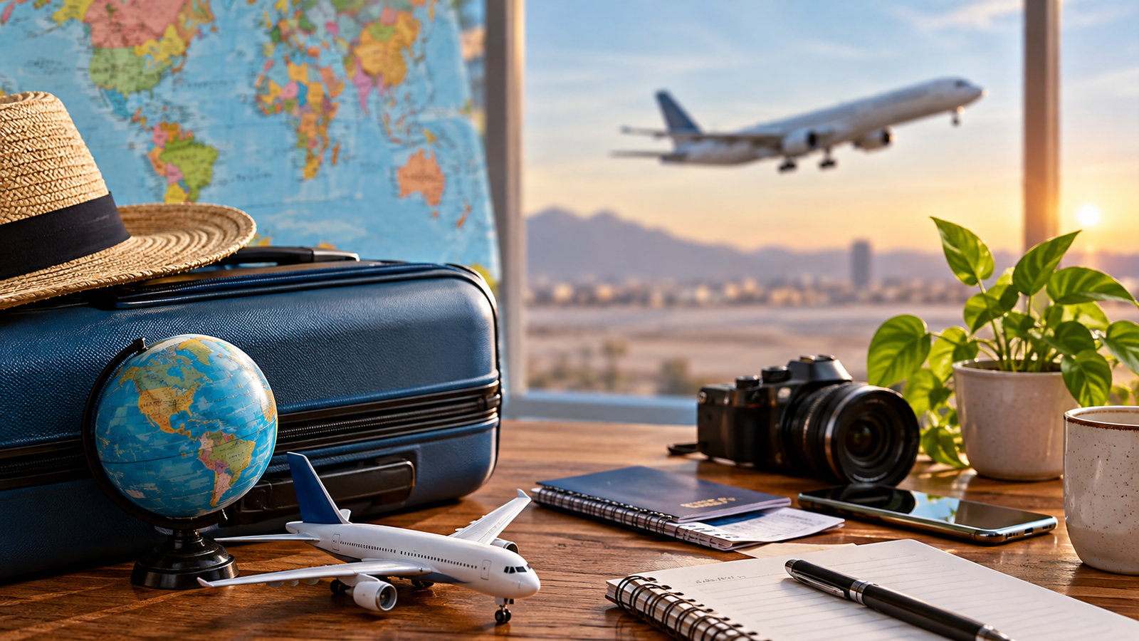 Mesa de planejamento de viagem com mala, globo, avião em miniatura, passaporte e câmera, com avião ao fundo, representando como encontrar passagem barata para viajar em família.