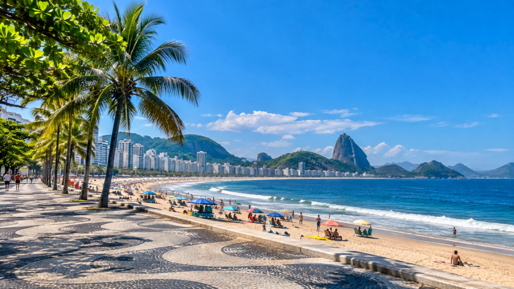 Rio de Janeiro em família na Praia de Copacabana, com calçadão, mar, palmeiras e vista do Pão de Açúcar