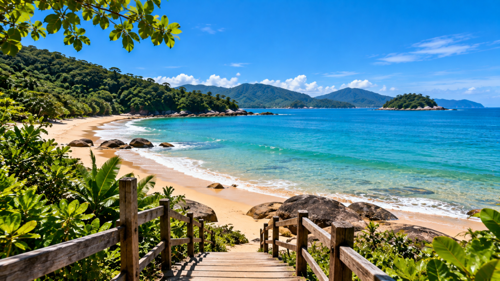 Ubatuba com crianças: praias, roteiro e dicas para 2026 3 Ubatuba com crianças em praia de águas claras cercada pela Mata Atlântica