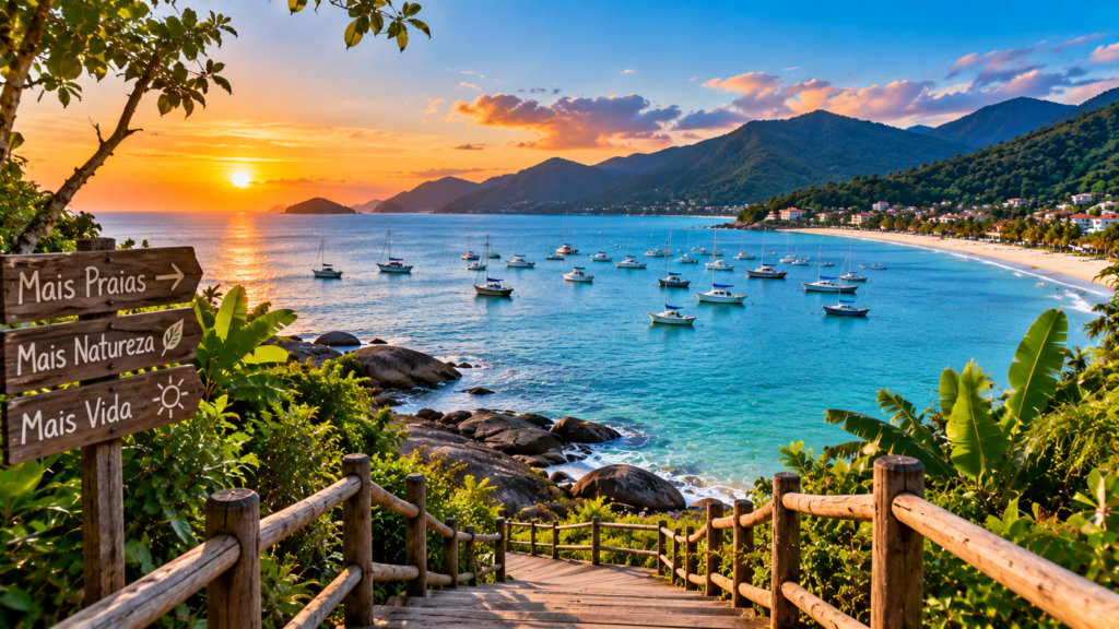 Estrada costeira em Ubatuba cercada pela Mata Atlântica, com o mar ao fundo, representando uma viagem para Ubatuba em 2026.