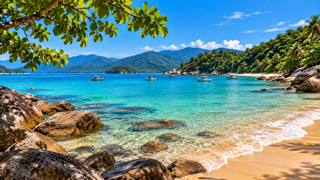Ubatuba com crianças: praias, roteiro e dicas para 2026 2 Ubatuba com crianças em praia de águas claras cercada pela natureza