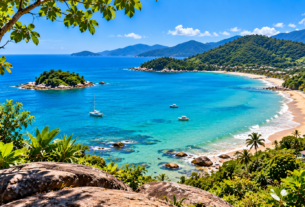Vista panorâmica de uma praia de Ubatuba com mar azul-turquesa, montanhas verdes, pequenas ilhas e vegetação tropical ao redor.