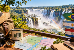 Cataratas do Iguaçu com mapa da Tríplice Fronteira para representar quanto custa viajar para Foz do Iguaçu