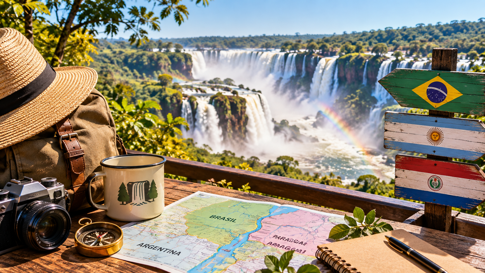 Cataratas do Iguaçu com mapa da Tríplice Fronteira para representar quanto custa viajar para Foz do Iguaçu