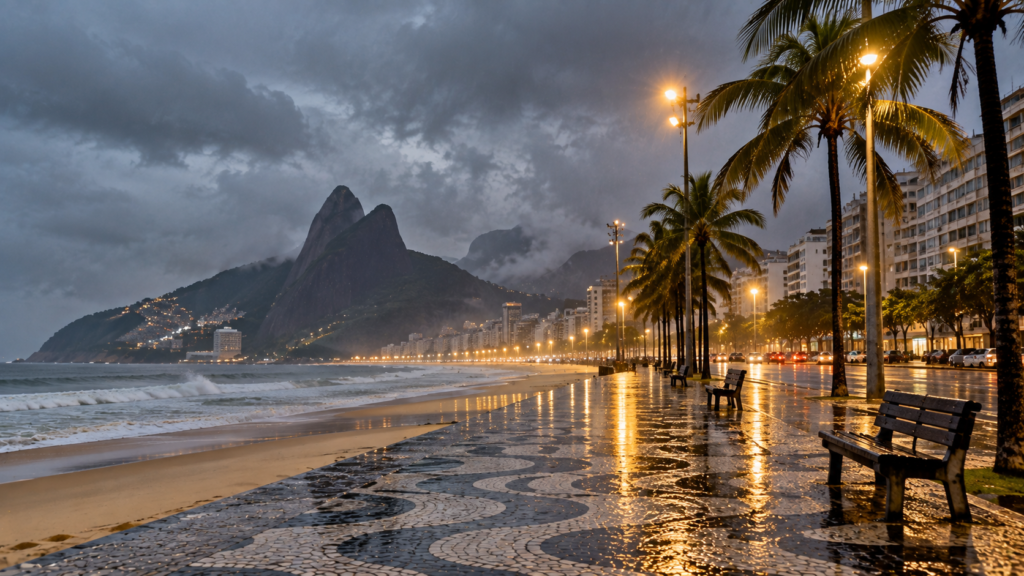 Orla do Rio de Janeiro depois da chuva com montanhas ao fundo