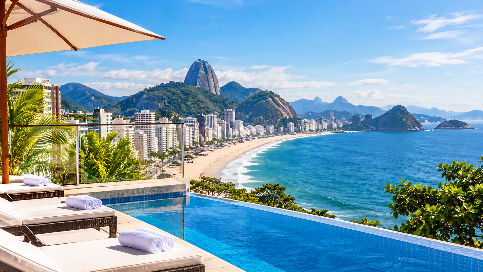 Vista panorâmica do Rio de Janeiro com praia, hotéis, montanhas e itens de viagem infantil em uma varanda