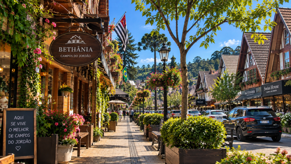Rua turística de Campos do Jordão no verão com flores, lojas e arquitetura alpina