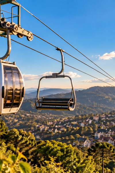 Teleférico de Campos do Jordão sobrevoando a serra em um dia ensolarado