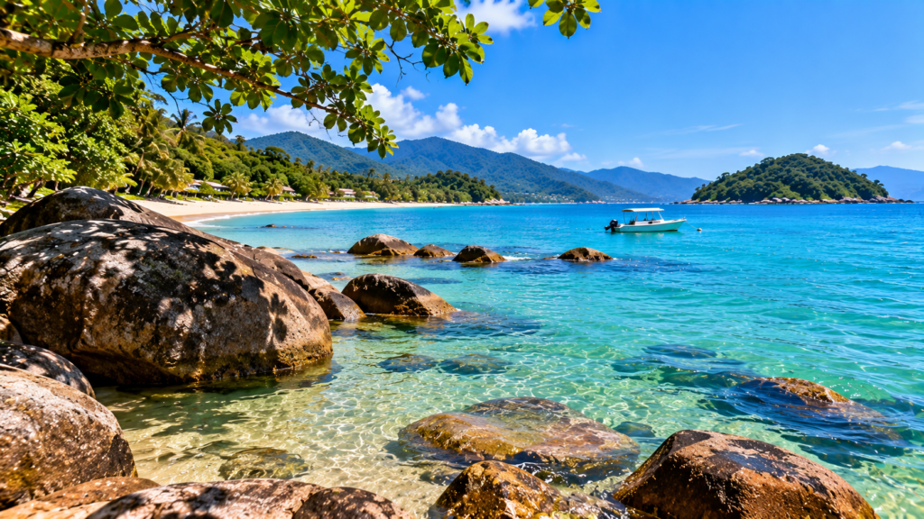 Praia de Ubatuba com águas cristalinas, grandes pedras, faixa de areia, vegetação tropical e montanhas verdes ao fundo.