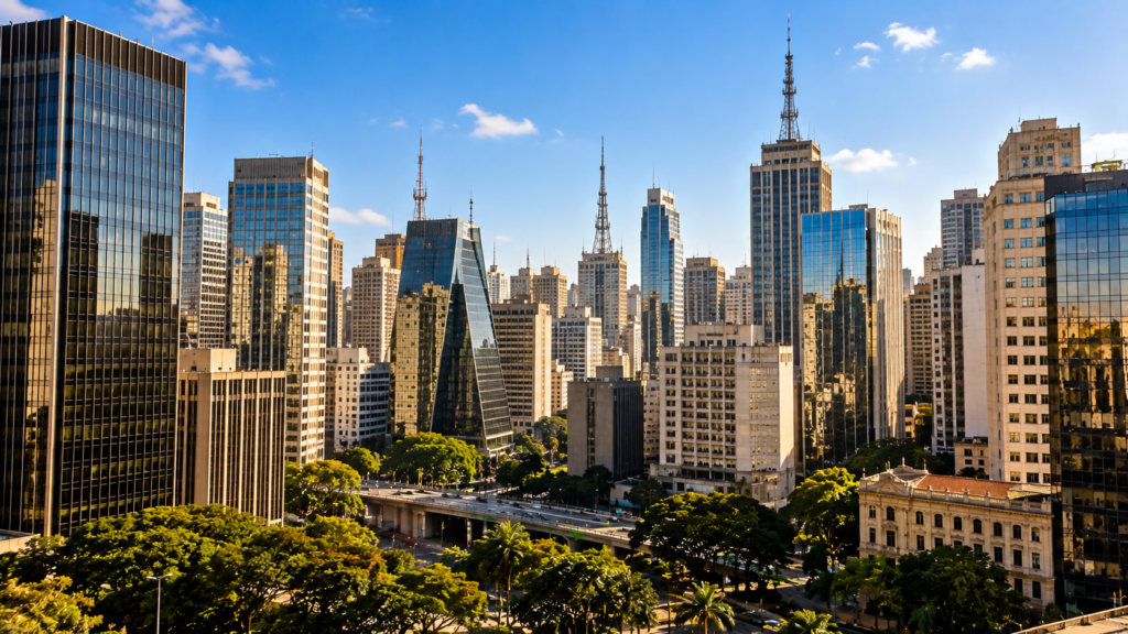São Paulo com crianças em meio aos prédios da cidade
