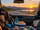 Viagem de carro com criança autista em estrada durante o pôr do sol