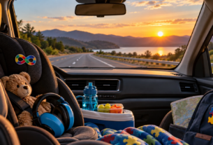 Viagem de carro com criança autista em estrada durante o pôr do sol